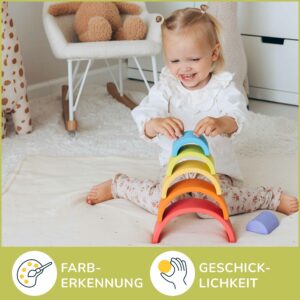 Holz Regenbogen als Motorikspielzeug für Kinder, Montessori Regenbogen fördert Geschicklichkeit und Farberkennung, Spielzeug ab 1–2–3 Jahren, Regenbogen Holzspielzeug mit 6 bunten Bögen.