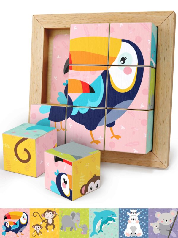6-in-1 würfelpuzzle aus Holz mit bunten Tiermotiven – kreatives Holz Würfelpuzzle für Puzzle Kinder ab 2 Jahren und spielerisches Holzwürfel puzzle zur Förderung der Motorik.