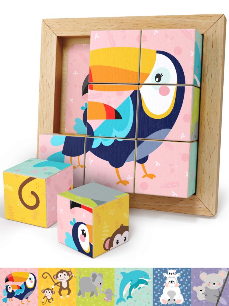 6-in-1 würfelpuzzle aus Holz mit bunten Tiermotiven – kreatives Holz Würfelpuzzle für Puzzle Kinder ab 2 Jahren und spielerisches Holzwürfel puzzle zur Förderung der Motorik.