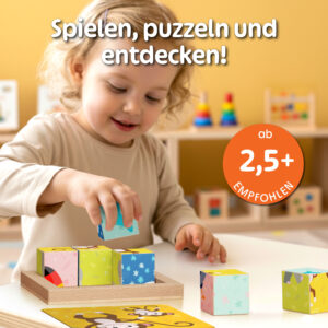 Mädchen puzzelt mit einem würfelpuzzle aus Holz – hochwertiges Holzwürfel puzzle für Puzzle Kinder ab 2 Jahren, montessori Puzzle zum Spielen, Entdecken und Lernen.