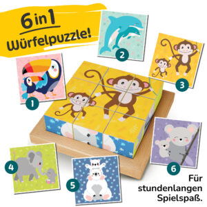 Farbenfrohes würfelpuzzle aus Holz mit Tiermotiven wie Tukan, Elefant & Koala – vielseitiges Holzwürfel puzzle für Puzzle Kinder ab 2 Jahren, fördert Konzentration und logisches Denken.