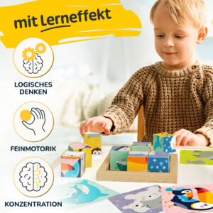 Kleinkind spielt mit einem würfelpuzzle aus Holz – pädagogisches Holzwürfel puzzle als montessori Puzzle zur Förderung von Feinmotorik, Konzentration und Kreativität für Puzzle Kinder ab 2 Jahren.