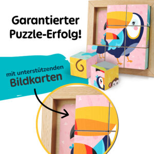 würfelpuzzle aus Holz mit praktischen Bildkarten als Puzzlehilfe – montessori Puzzle für Kleinkinder, leicht lösbares Holz Würfelpuzzle und perfektes Holzpuzzle Kinder für den Start ab 2 Jahren.