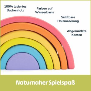Holz Regenbogen aus 100 % lasiertem Buchenholz mit Farben auf Wasserbasis, Montessori Regenbogen, sicheres Motorikspielzeug Kinderspielzeug ab 1–2–3 Jahren, Regenbogen Holzspielzeug mit 6 Bögen.