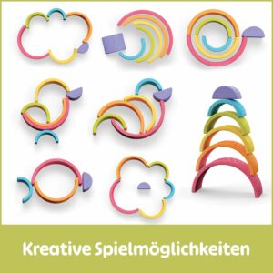 Holz Regenbogen mit vielfältigen kreativen Spielmöglichkeiten, Montessori Regenbogen fördert Fantasie und Motorik, Spielzeug ab 1–2–3 Jahren, Regenbogen Holzspielzeug mit 6 bunten Bögen.