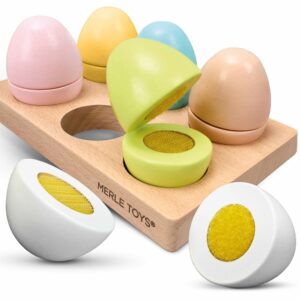 Sechs bunte spielzeug Eier aus Holz für Kinder, hochwertiges Kinderküche Zubehör Holz, perfekt für Kaufladen, Einkaufsladen und Kaufmannsladen Zubehör, tolles Ostergeschenk für Kinder ab 2 Jahren.