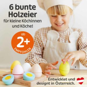 Sechs bunte spielzeug Eier aus Holz für Kinder, hochwertiges Kinderküche Zubehör Holz, perfekt für Kaufladen, Einkaufsladen und Kaufmannsladen Zubehör, tolles Ostergeschenk für Kinder ab 2 Jahren.