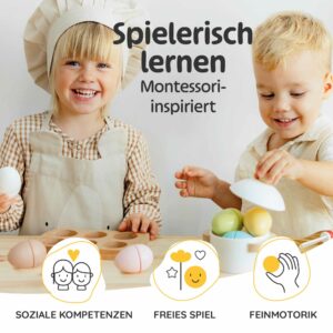 Kinder spielen mit spielzeug Eiern aus Holz von Merle Toys, ideales Kaufladen Zubehör Holz und Holzeier für Kinder ab 2–3–4 Jahren, perfekt für Kinderküche Zubehör Holz, Rollenspiel im Einkaufsladen oder Kaufmannsladen.