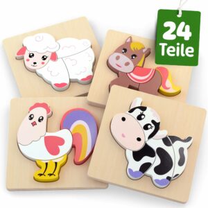 Steckpuzzle ab 1 Jahr mit 24 Teilen, liebevoll gestaltetes Holzpuzzle Tiere für Kleinkinder, Montessori Puzzle ab 1 Jahr, Greifpuzzle ab 1 Jahr aus Holz, ideales Holzpuzzle Kinder als Baby Geschenk.