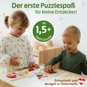 Zwei Kinder spielen mit dem Steckpuzzle ab 1 Jahr, pädagogisch wertvolles Montessori Puzzle ab 1 Jahr, Holzpuzzle Tiere für Kleinkinder, Greifpuzzle ab 1 Jahr als Baby Geschenk.