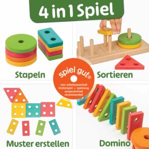 Holz Steckspiel mit 4-in-1 Funktionen: Stapeln, Sortieren, Muster legen und Domino, Montessori Sortierspiel aus Holz für Kleinkinder ab 18 Monaten und 2 Jahren, kreatives Steckspiel für Kindergarten.