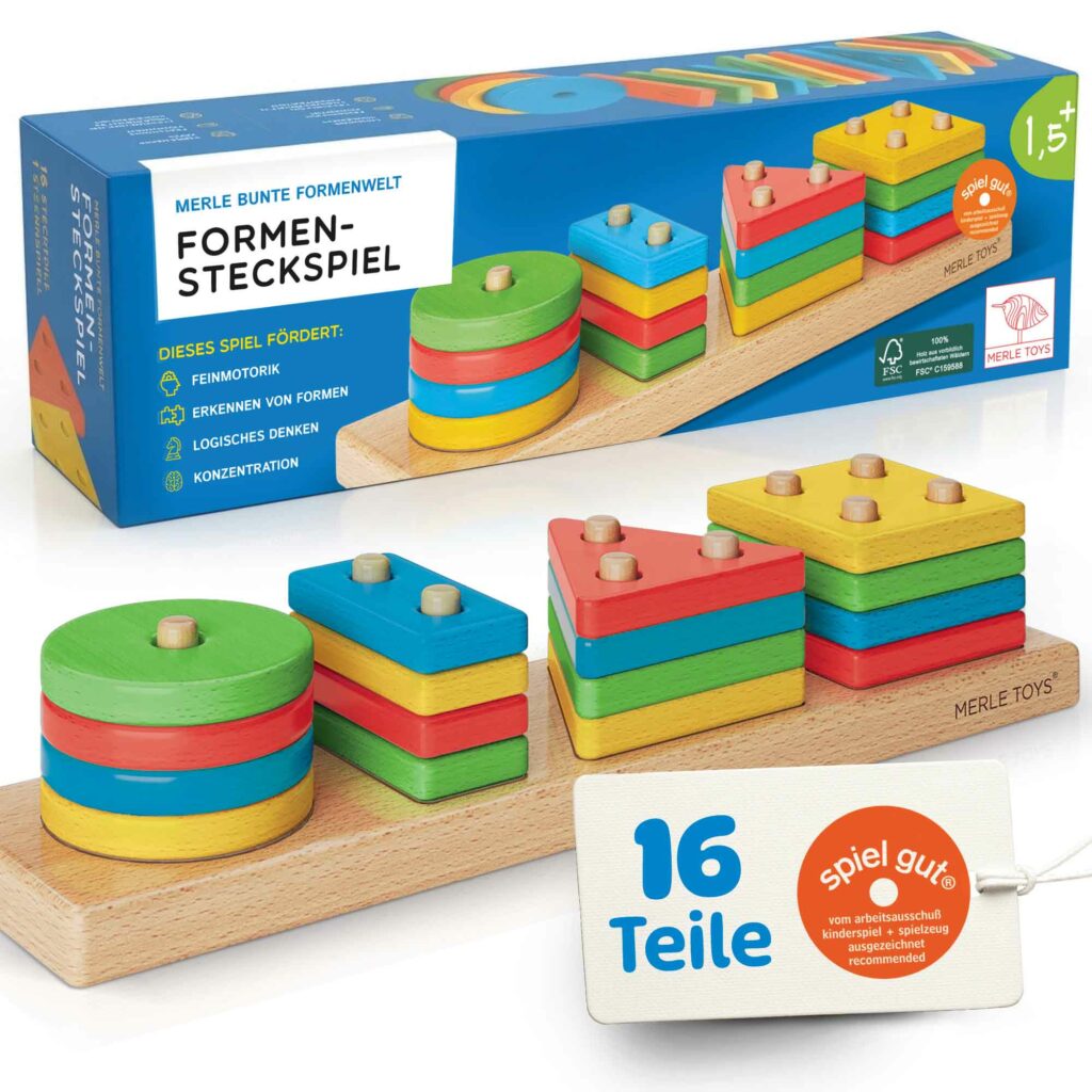 Steckspiel aus Holz mit Verpackung, 16 bunten Formteilen und Holzbrett, pädagogisches Sortierspiel aus Holz für Kleinkinder, Montessori Sortierspiel zum Formenlernen und Stapeln.