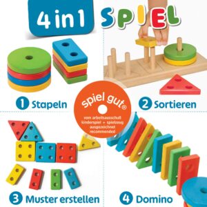 Steckspiel aus Holz als 4 in 1 Lernspiel mit bunten Formen zum Stapeln, Sortieren, Musterlegen und Domino spielen – vielseitiges Montessori Sortierspiel aus Holz für Kleinkinder und Steckspiele für Kindergarten.