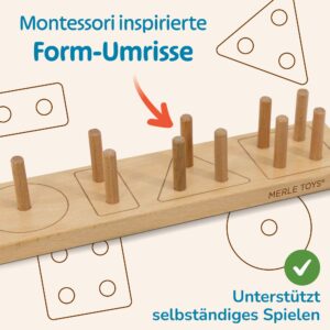 Holz Steckspiel aus Holz mit Montessori-inspirierten Form-Umrissen auf dem Holzbrett, das selbstständiges Zuordnen und Spielen unterstützt – pädagogisches Montessori Sortierspiel aus Holz, Steckspiele für Kleinkinder sowie Kindergarten.