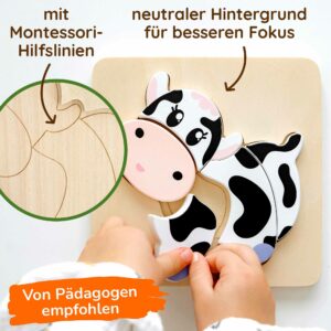 Steckpuzzle ab 1 Jahr mit eingravierten Montessori-Hilfslinien, hochwertiges Holzpuzzle Tiere für Kleinkinder, Greifpuzzle ab 1 Jahr aus Holz, lernförderndes Montessori Puzzle ab 1 Jahr.