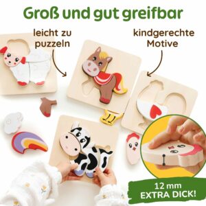 Große und gut greifbare Teile beim Steckpuzzle ab 1 Jahr, kindgerechte Holzpuzzle Tiere für Kleinkinder, Montessori Puzzle ab 1 Jahr, 12 mm dickes Steckpuzzle aus Holz als Baby Geschenk.