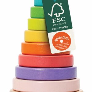 FSC-zertifizierter stapelturm aus holz mit „spiel gut“-Auszeichnung, nachhaltiges Montessori Spielzeug Baby, hochwertiges Baby Geschenk mit 8 Stapelringen, Motorikspielzeug ab 1 Jahr.