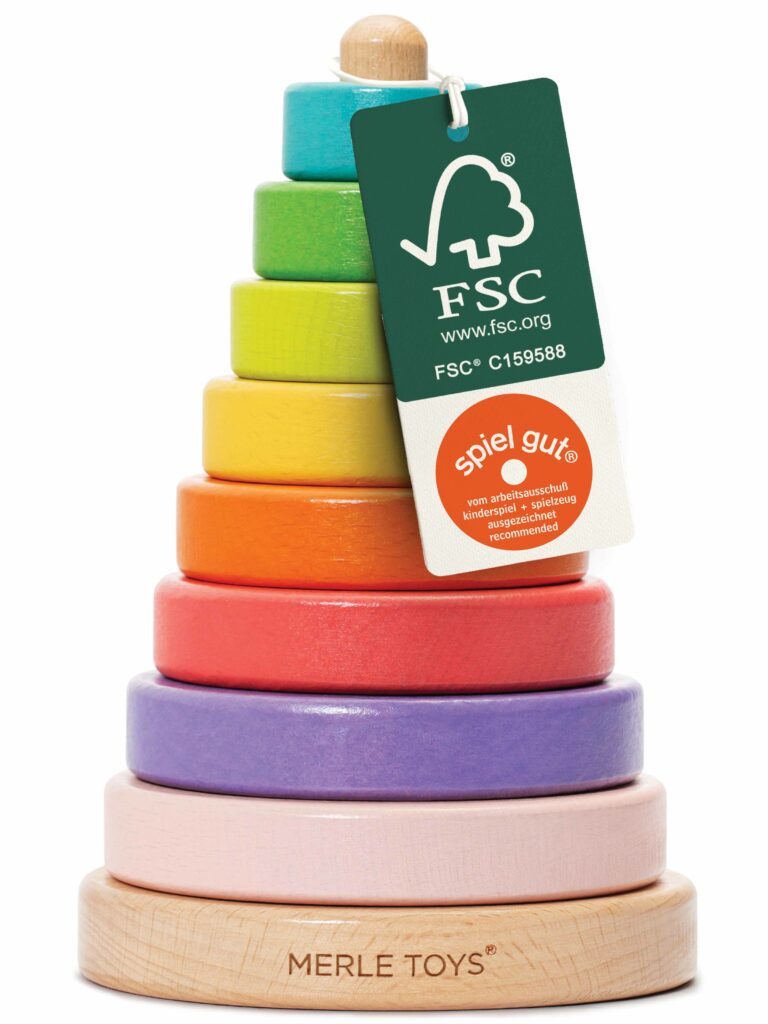 FSC-zertifizierter stapelturm aus holz mit „spiel gut“-Auszeichnung, nachhaltiges Montessori Spielzeug Baby, hochwertiges Baby Geschenk mit 8 Stapelringen, Motorikspielzeug ab 1 Jahr.