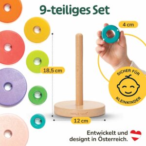 9-teiliges Set stapelturm aus holz mit kindgerechten Holzringen, Motorikspielzeug ab 1 Jahr, Montessori Spielzeug Baby, Babyspielzeug Holzspielzeug ab 12 Monaten, Baby Geschenk mit 8 Stapelringen.