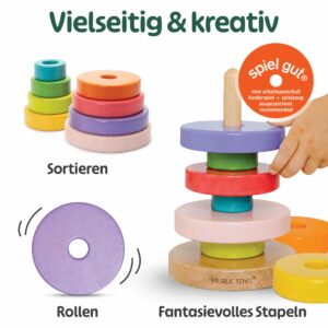Vielseitiger stapelturm aus holz mit 8 Stapelringen zum Sortieren, Rollen und fantasievollen Stapeln, Montessori Spielzeug Baby, Babyspielzeug Holzspielzeug ab 12 Monaten, pädagogisches Steckspiel aus Holz.