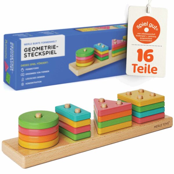 Holz Steckspiel mit 16 bunten Formen von Merle Toys, Montessori Sortierspiel aus Holz, ideales Steckspiel für Kleinkinder ab 18 Monaten und 2 Jahren, pädagogisches Steckspiel für Kindergarten.