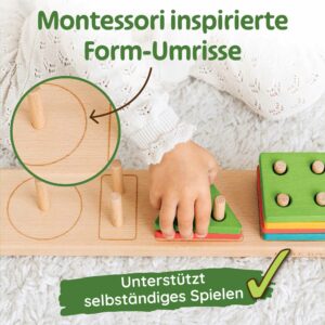 Holz Steckspiel mit eingravierten Montessori-Umrissen, erleichtert selbstständiges Sortieren, hochwertiges Montessori Sortierspiel aus Holz, Steckspiel für Kleinkinder ab 18 Monaten und 2 Jahren.