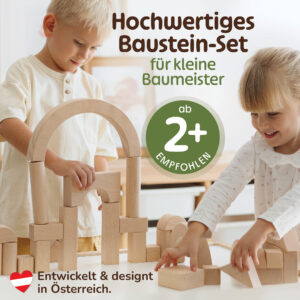 Holzbausteine für Kinder ab 2 Jahren – nachhaltiges Bauklötze Baby Set von Merle Toys, entwickelt und designt in Österreich, Unsere Bauklötze aus Holz sind ideal für kleine Baumeister.