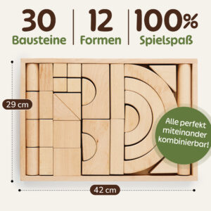 Holzbausteine für Kinder im Set mit 30 Bausteinen und 12 Formen – perfekt kombinierbare Holzklötze in praktischer Holzbox, ideales Montessori Motorikspielzeug für Kinder.
