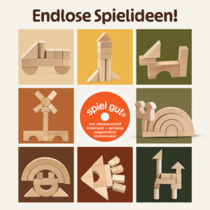 Endlose Spielideen mit Holzbausteinen – kreative Bauklötze für Kinder aus Holz ausgezeichnet mit ‚spiel gut‘-Siegel, fördern Fantasie und Motorik von Kindern.