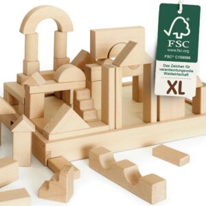 XL-Holzbausteine Natur aus unbehandeltem Buchenholz – FSC-zertifizierte Holz Bausteine von Merle Toys für langlebigen und nachhaltigen Spielspaß.