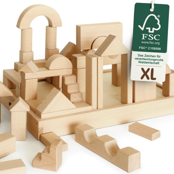 XL-Holzbausteine Natur aus unbehandeltem Buchenholz – FSC-zertifizierte Holz Bausteine von Merle Toys für langlebigen und nachhaltigen Spielspaß.