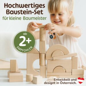 Holzbausteine Natur für Kinder ab 2 Jahren – nachhaltiges Holz Bausteine Set von Merle Toys, entwickelt und designt in Österreich.