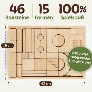 Holzbausteine Set natur mit 46 Holz Bausteinen in 15 Formen – nachhaltige Bauklötze Holz Natur in Holzbox, perfekt kombinierbar für kreatives Spielen