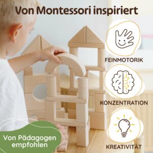 Montessori-inspirierte Holzbausteine Natur – fördern Feinmotorik, Konzentration und Kreativität; hochwertige Bauklötze Holz Natur, von Pädagogen empfohlen.
