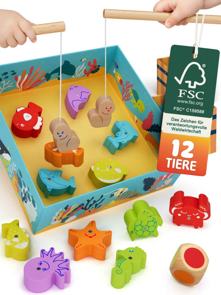 Merle Toys Spiel Fische angeln mit 12 Meerestieren und Farbwürfel