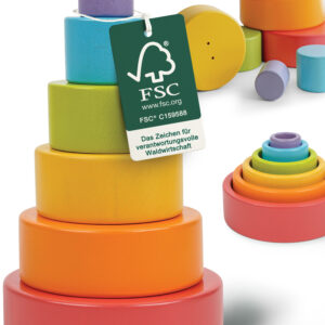 Bunter Stapelbecher aus Holz mit FSC-Zertifizierung – hochwertiger Stapelturm aus farbenfrohen Holzelementen, ideales Stapelspiel Holz und sicheres Stapelbecher Baby für kreatives becher stapel spiel.