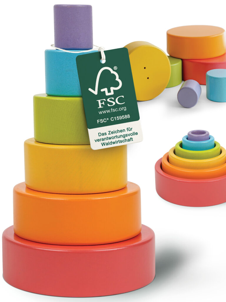 Bunter Stapelbecher aus Holz mit FSC-Zertifizierung – hochwertiger Stapelturm aus farbenfrohen Holzelementen, ideales Stapelspiel Holz und sicheres Stapelbecher Baby für kreatives becher stapel spiel.