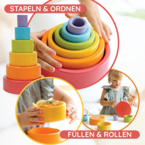 Vielseitiger Stapelbecher aus Holz im Einsatz – Kinder stapeln, ordnen, befüllen und rollen den farbenfrohen Stapelturm; kreatives Stapelspiel Holz und motorikfördernder Stapelbecher Baby für becher stapel spiel.