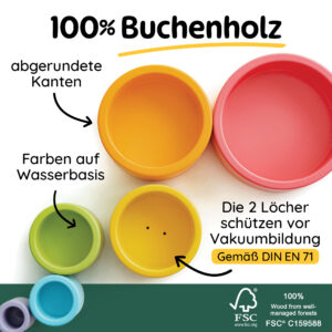 Stapelbecher aus Holz mit abgerundeten Kanten und wasserbasierten Farben – sicherer Stapelturm mit Sicherheitslöchern nach DIN EN 71, perfektes Stapelspiel Holz und Stapelbecher Baby für den Alltag.