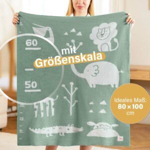Babydecke aus Baumwolle in Grün mit praktischer Größenskala – Bio Baumwolle Babydecke in 80×100 cm, ideal für Neugeborene und Babys.