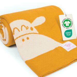 Babydecke aus Baumwolle in Gelb – gestrickte Babydecke für Kinderwagen, aus zertifizierter Bio-Baumwolle, ideales Geschenk zur Geburt Mädchen und Jungen.