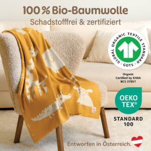 Babydecke aus Baumwolle in Gelb – OEKO-TEX- und GOTS-zertifizierte gestrickte Babydecke, perfekt als Babydecke für Kinderwagen und als Geschenk zur Geburt für Mädchen.