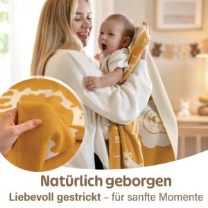 Babydecke aus Baumwolle in Gelb – liebevoll gestrickte Babydecke für Kinderwagen und Kuschelmomente, perfektes Geschenk zur Geburt Mädchen und Jungen.