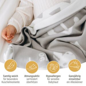 Baby liegt kuschelnd unter einer grauen gestrickten Babydecke aus Baumwolle – atmungsaktive Bio Baumwolle Babydecke, perfekt als Meilenstein Decke Baby.