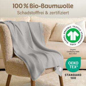 Graue Babydecke Strick aus 100 % Bio-Baumwolle von Merle Toys – schadstofffrei, GOTS & OEKO-TEX zertifiziert.