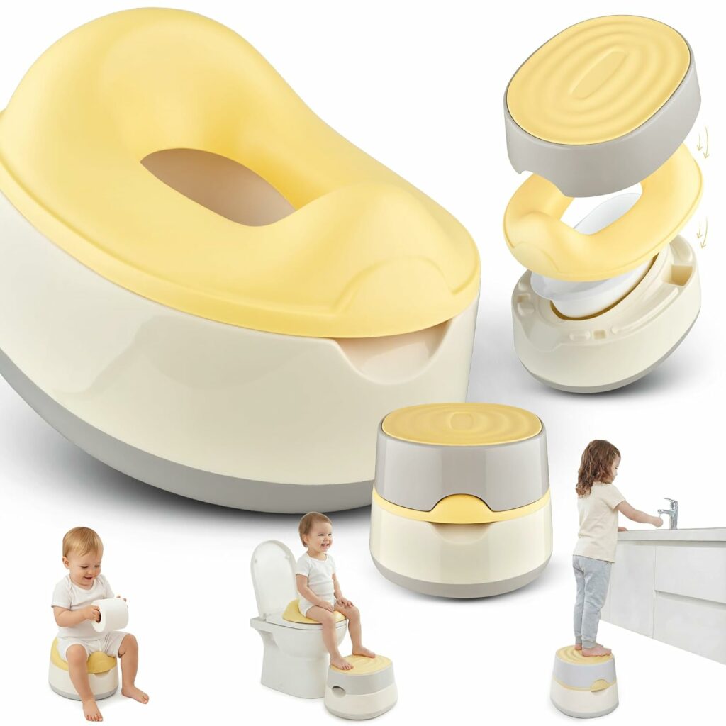 Baby Töpfchen in Gelb als 3-in-1-Lösung mit Töpfchen, WC-Aufsatz und Tritthocker, gezeigt in mehreren Anwendungssituationen; praktisch als Kinder Topferl, Toilettenaufsatz für Kinder und Hocker im Alltag.