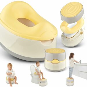 Baby Töpfchen in Gelb als 3-in-1-Lösung mit Töpfchen, WC-Aufsatz und Tritthocker, gezeigt in mehreren Anwendungssituationen; praktisch als Kinder Topferl, Toilettenaufsatz für Kinder und Hocker im Alltag.