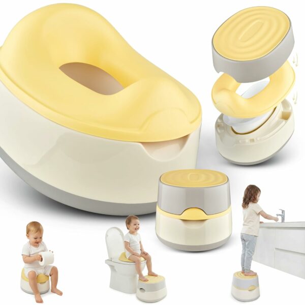 Baby Töpfchen in Gelb als 3-in-1-Lösung mit Töpfchen, WC-Aufsatz und Tritthocker, gezeigt in mehreren Anwendungssituationen; praktisch als Kinder Topferl, Toilettenaufsatz für Kinder und Hocker im Alltag.