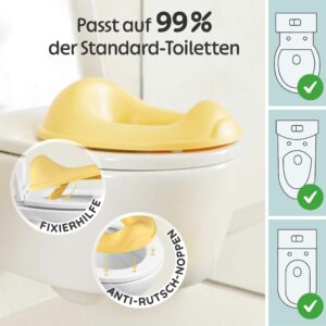 Baby Töpfchen in Gelb als Toilettenaufsatz für Kinder auf einer Standard-Toilette, mit 99 % Passform, Fixierhilfe und Anti-Rutsch-Noppen für sicheren Halt.