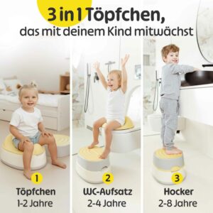 Baby Töpfchen in Gelb als mitwachsendes 3-in-1-System für Kinder von 1 bis 8 Jahren, nutzbar als Kinder Topferl, Toilettenaufsatz für Kinder und Tritthocker.